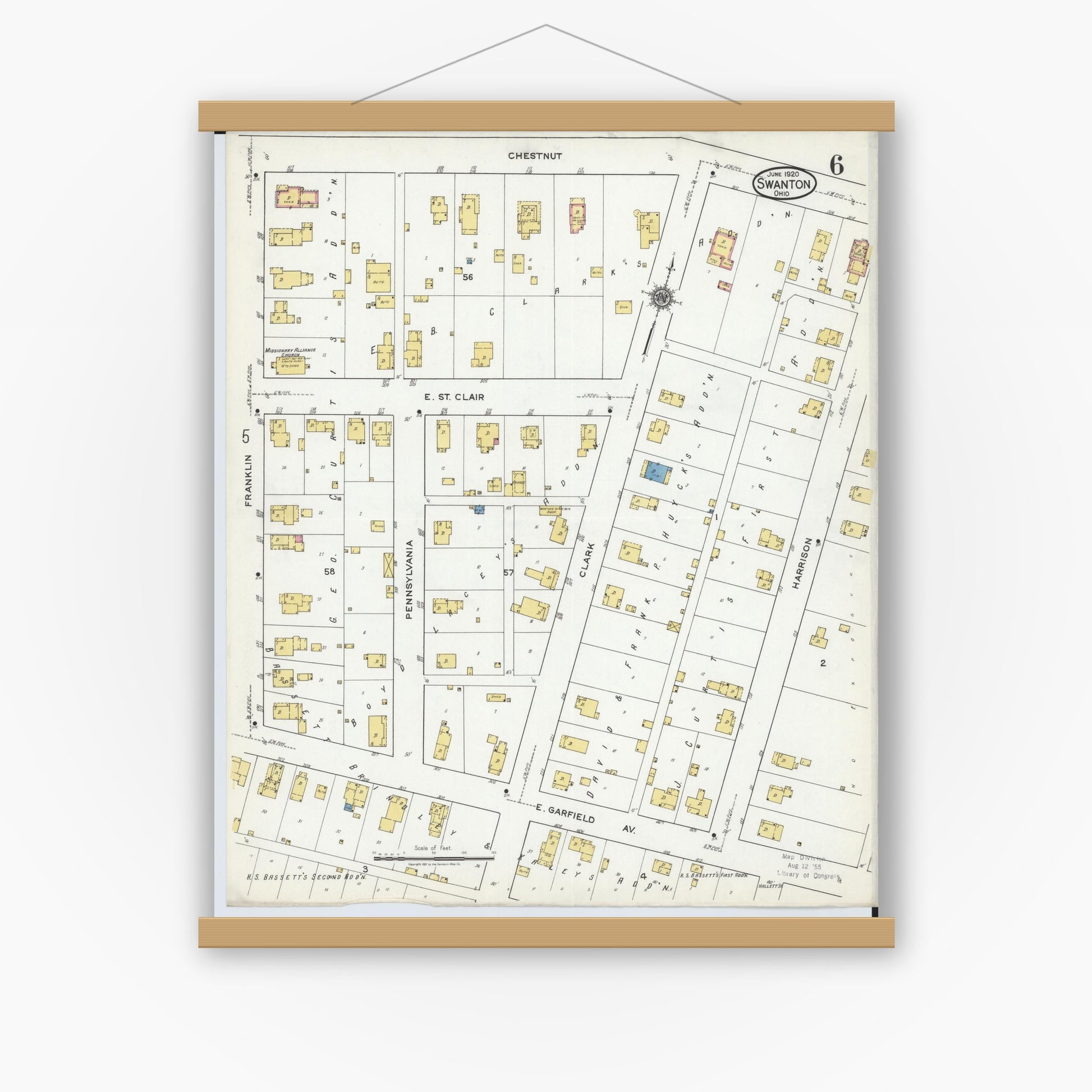 Old map wall art mockup — magnetic wood frame on white wall — Sanborn Fire Insurance Map from Swanton, Fulton County, Ohio (1920), Sheet #0006