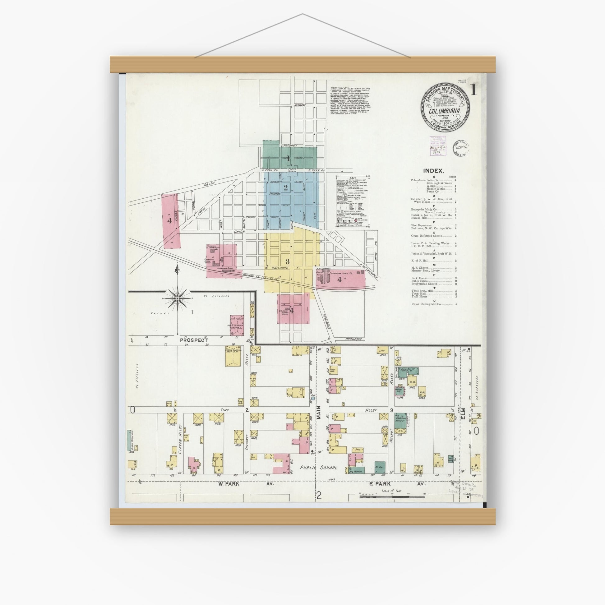 Old map wall art mockup — magnetic wood frame on white wall — Sanborn Fire Insurance Map from Columbiana, Columbiana County, Ohio (1901) - Complete Map Set