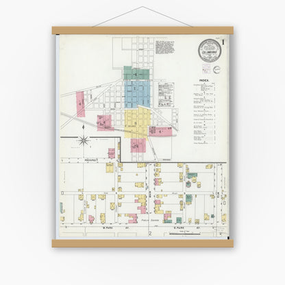 Old map wall art mockup — magnetic wood frame on white wall — Sanborn Fire Insurance Map from Columbiana, Columbiana County, Ohio (1901) - Complete Map Set