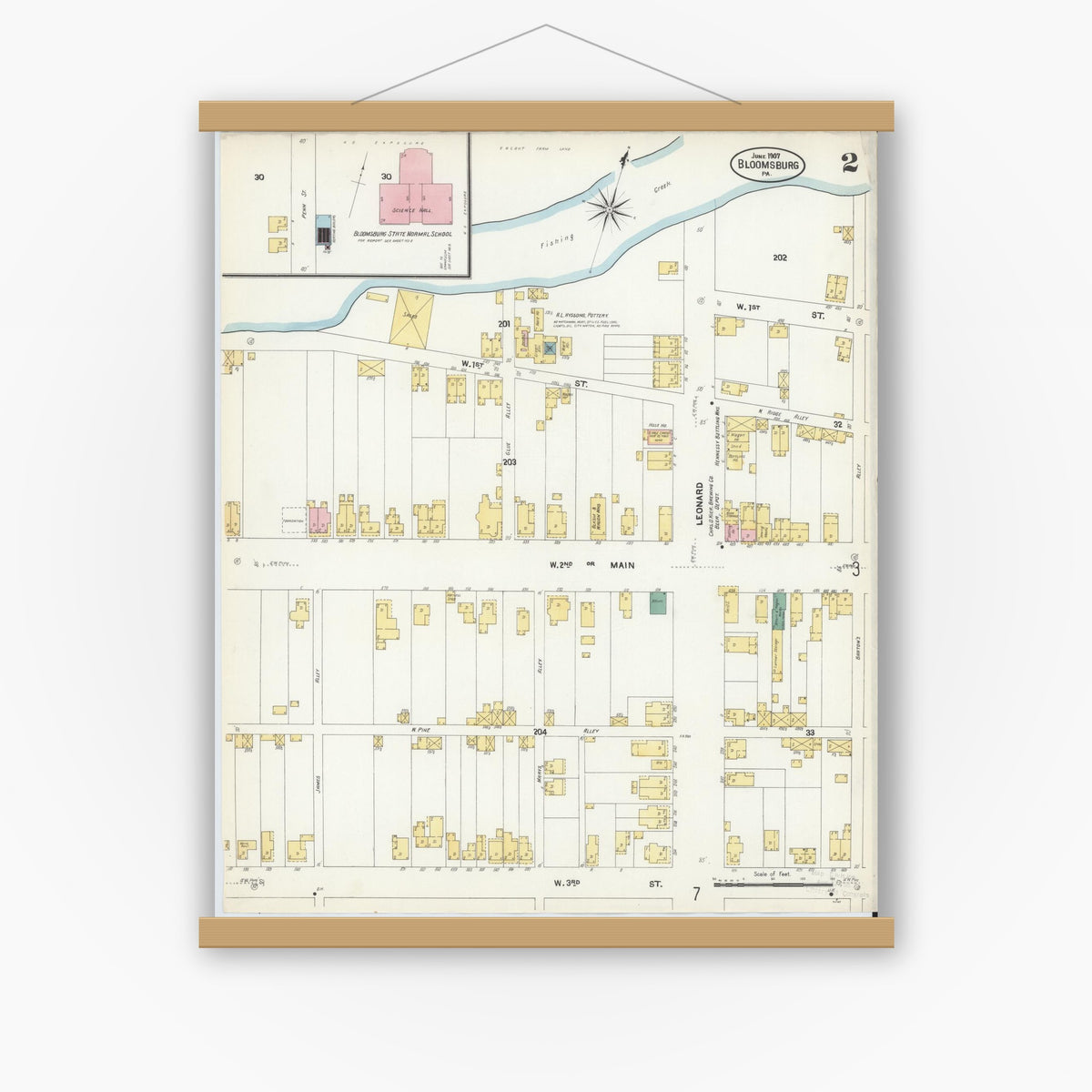 Old map wall art mockup — magnetic wood frame on white wall — Sanborn Fire Insurance Map from Bloomsburg, Columbia County, Pennsylvania (1907), Sheet #0002