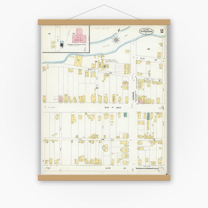 Old map wall art mockup — magnetic wood frame on white wall — Sanborn Fire Insurance Map from Bloomsburg, Columbia County, Pennsylvania (1907), Sheet #0002