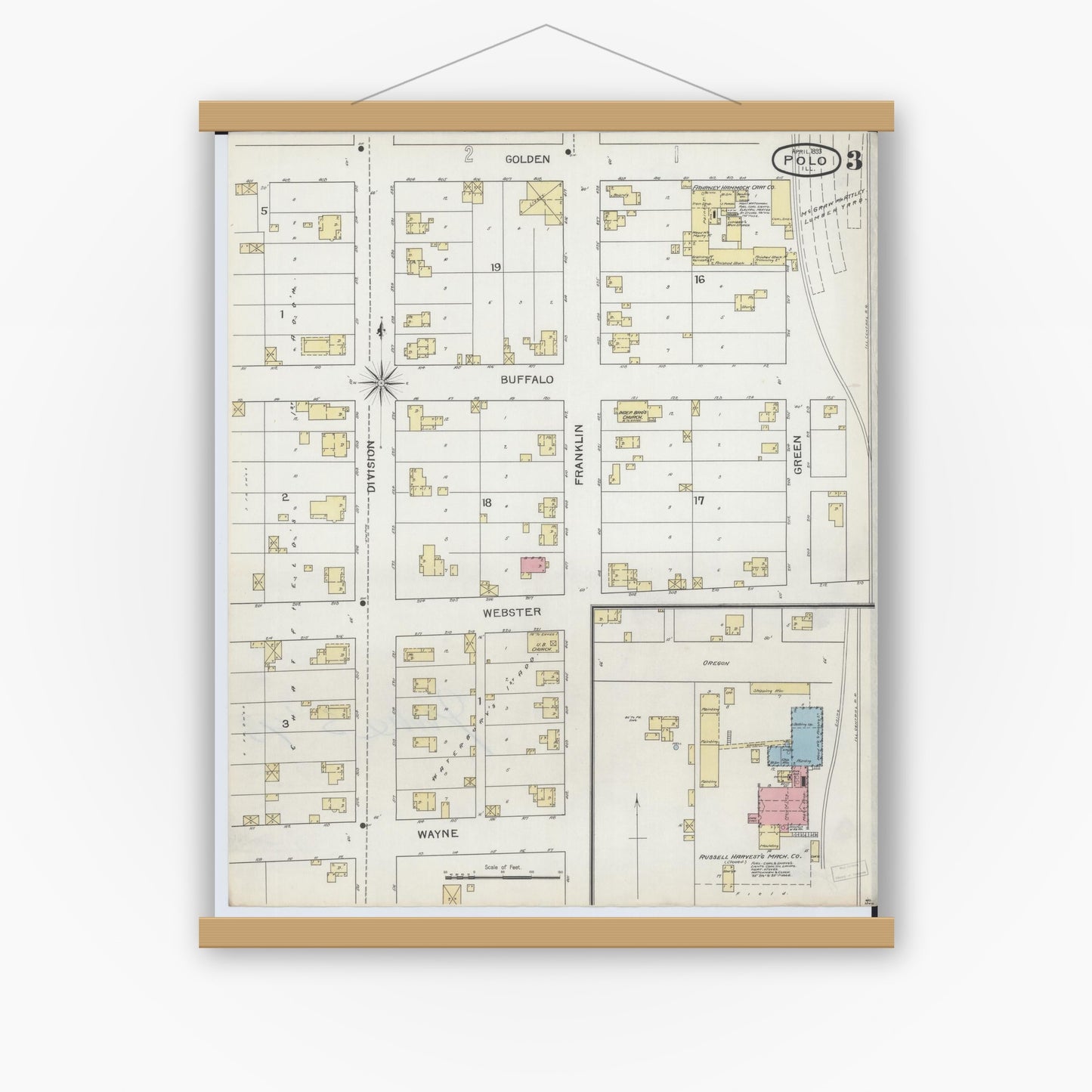 Old map wall art mockup — magnetic wood frame on white wall — Sanborn Fire Insurance Map from Polo, Ogle County, Illinois (1893), Sheet #0003
