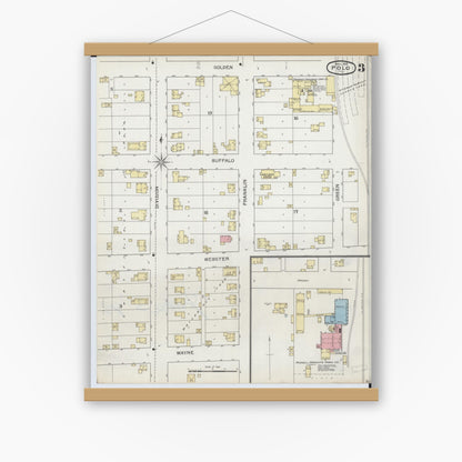 Old map wall art mockup — magnetic wood frame on white wall — Sanborn Fire Insurance Map from Polo, Ogle County, Illinois (1893), Sheet #0003