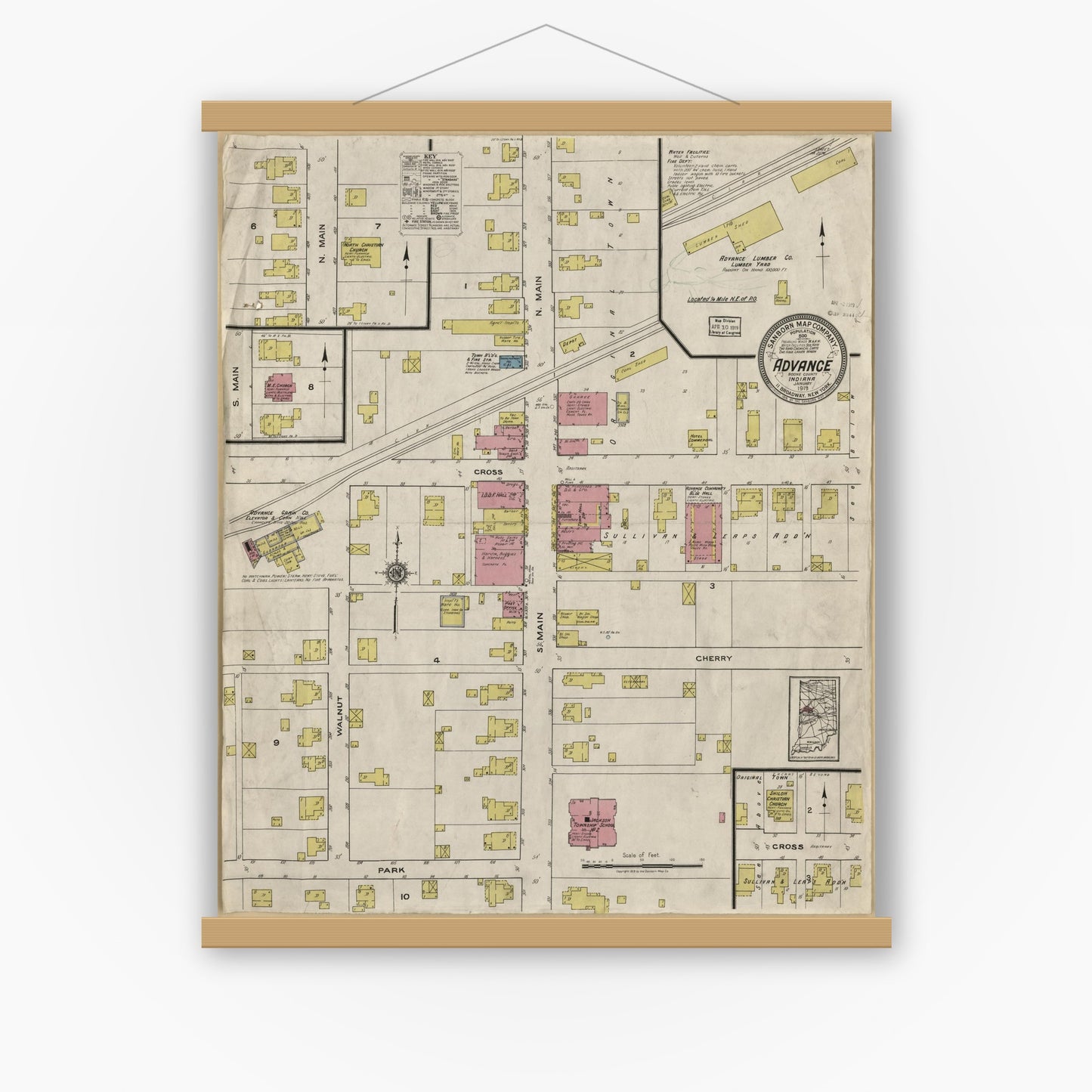 Old map wall art mockup — magnetic wood frame on white wall — Sanborn Fire Insurance Map from Advance, Boone County, Indiana (1919) - Complete Map Set