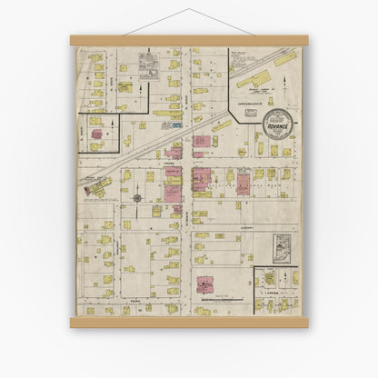 Old map wall art mockup — magnetic wood frame on white wall — Sanborn Fire Insurance Map from Advance, Boone County, Indiana (1919) - Complete Map Set