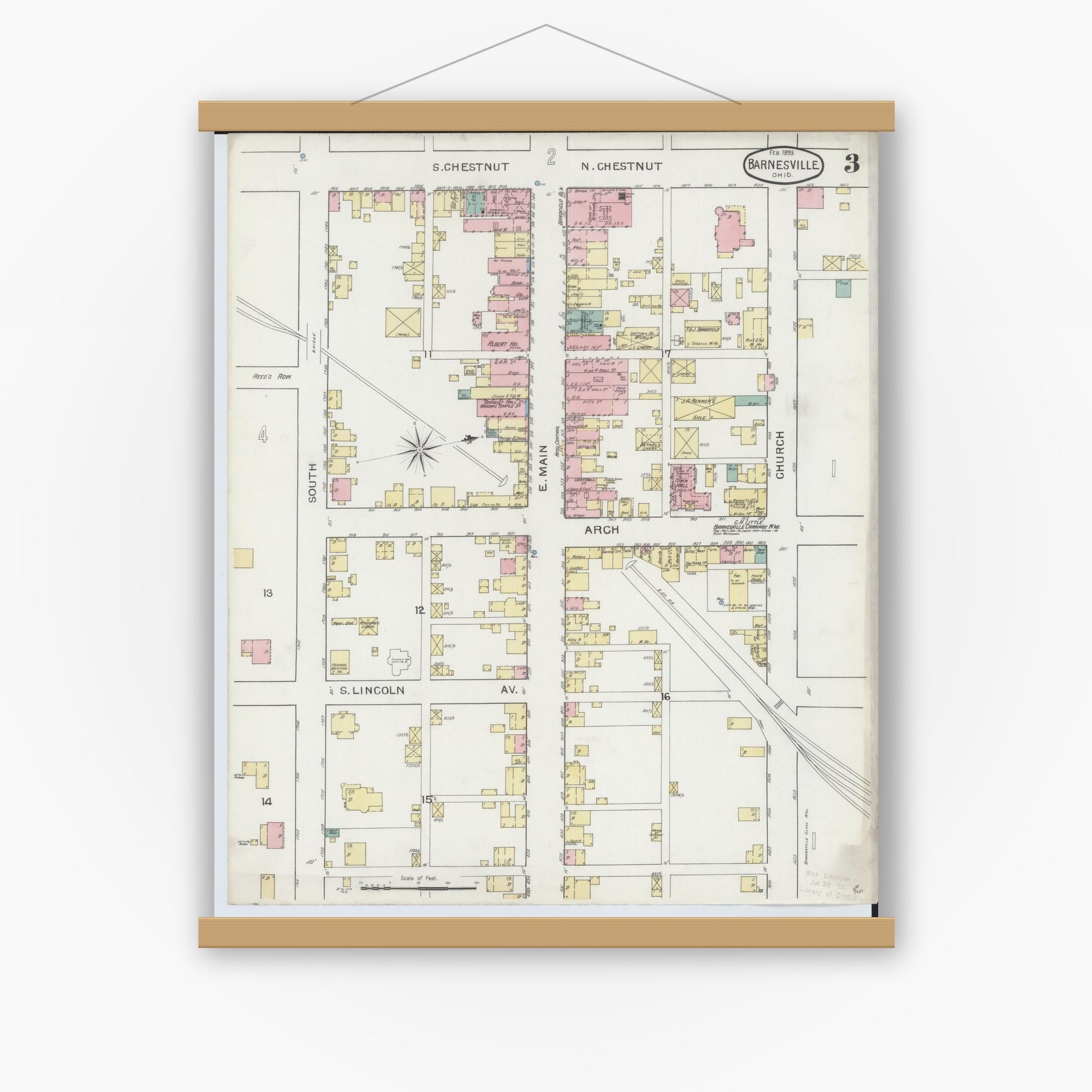 Old map wall art mockup — magnetic wood frame on white wall — Sanborn Fire Insurance Map from Barnesville, Belmont County, Ohio (1893), Sheet #0003
