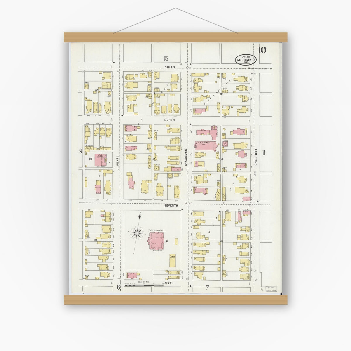 Old map wall art mockup — magnetic wood frame on white wall — Sanborn Fire Insurance Map from Columbus, Bartholomew County, Indiana (1898), Sheet #0010