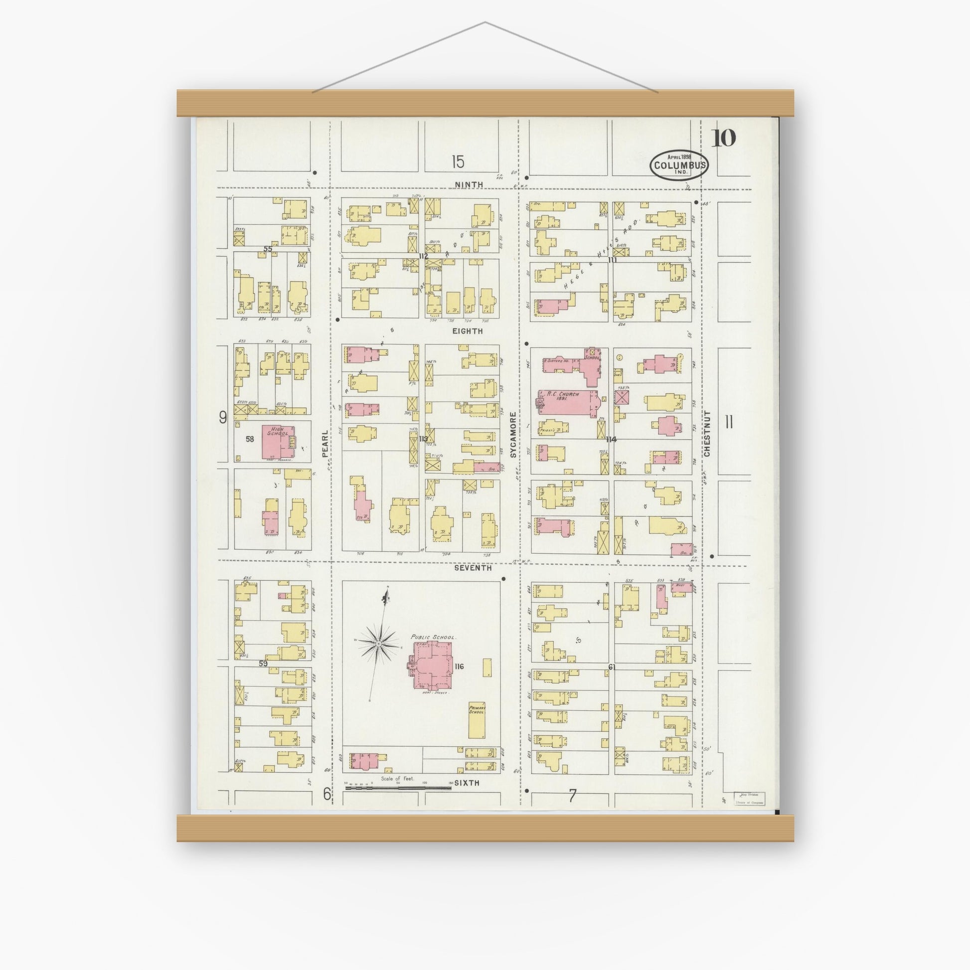 Old map wall art mockup — magnetic wood frame on white wall — Sanborn Fire Insurance Map from Columbus, Bartholomew County, Indiana (1898), Sheet #0010