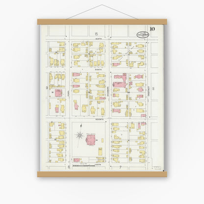 Old map wall art mockup — magnetic wood frame on white wall — Sanborn Fire Insurance Map from Columbus, Bartholomew County, Indiana (1898), Sheet #0010