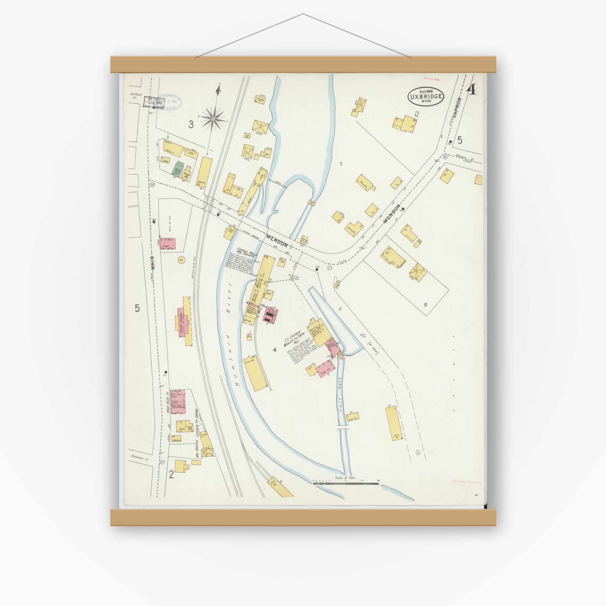 Old map wall art mockup — magnetic wood frame on white wall — Sanborn Fire Insurance Map from Uxbridge, Worcester County, Massachusetts (1898), Sheet #0004