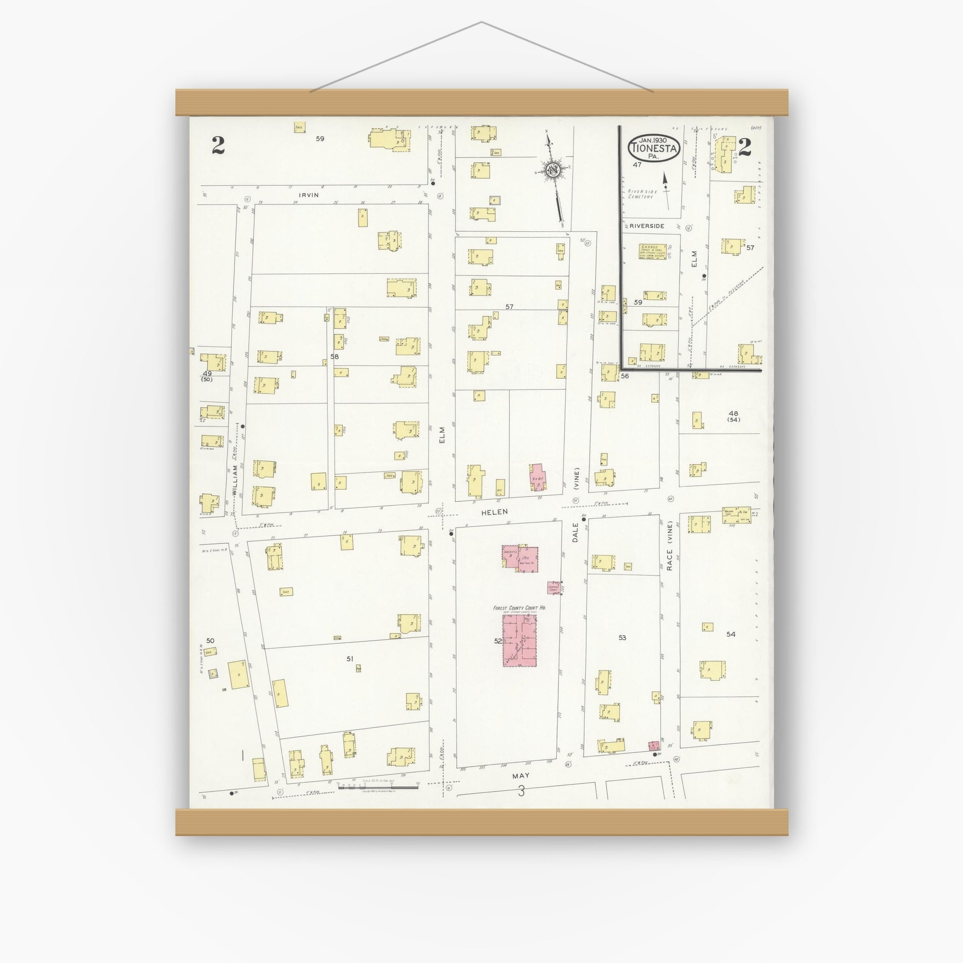 Old map wall art mockup — magnetic wood frame on white wall — Sanborn Fire Insurance Map from Tionesta, Forest County, Pennsylvania (1930), Sheet #0002