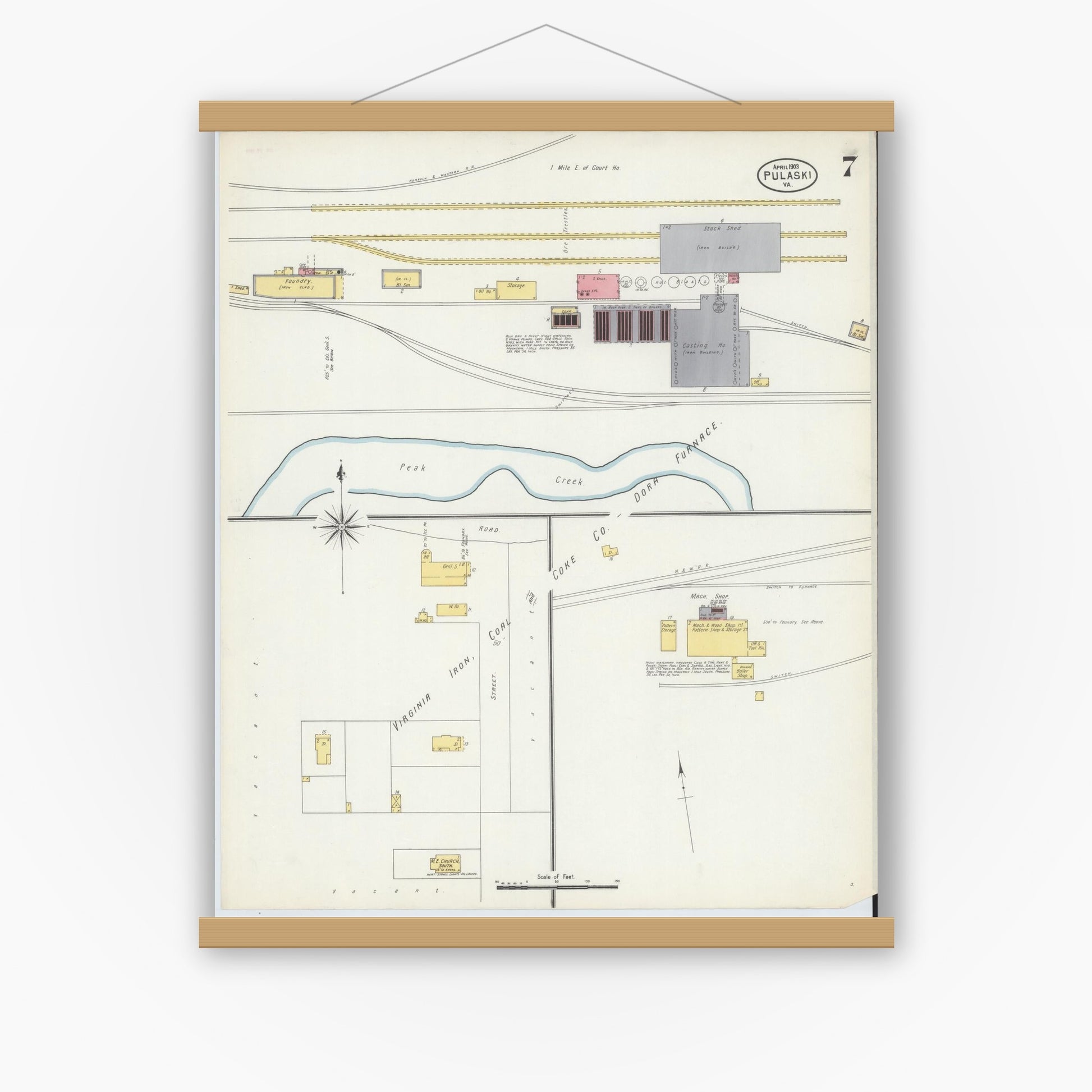 Old map wall art mockup — magnetic wood frame on white wall — Sanborn Fire Insurance Map from Pulaski, Pulaski County, Virginia (1903), Sheet #0007