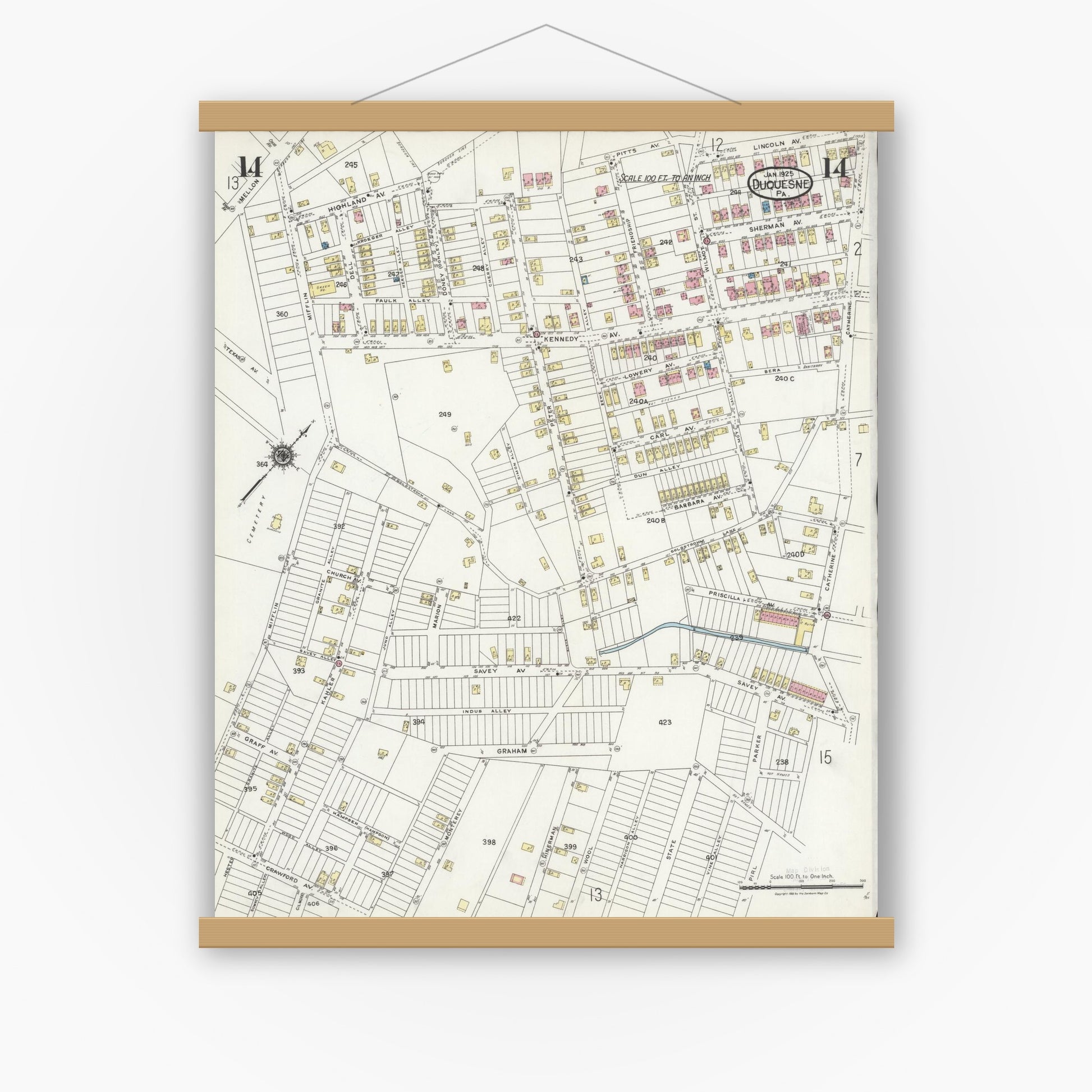 Old map wall art mockup — magnetic wood frame on white wall — Sanborn Fire Insurance Map from Duquesne, Allegheny County, Pennsylvania (1925), Sheet #0014
