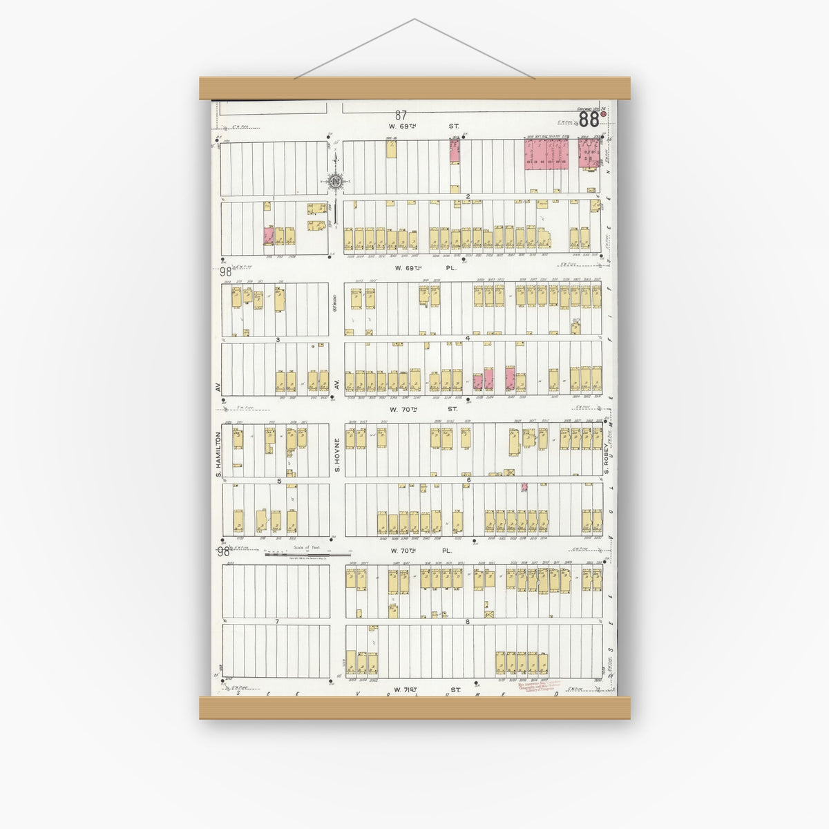 Old map wall art mockup — magnetic wood frame on white wall — Sanborn Fire Insurance Map from Chicago, Cook County, Illinois (1920), Sheet #0088