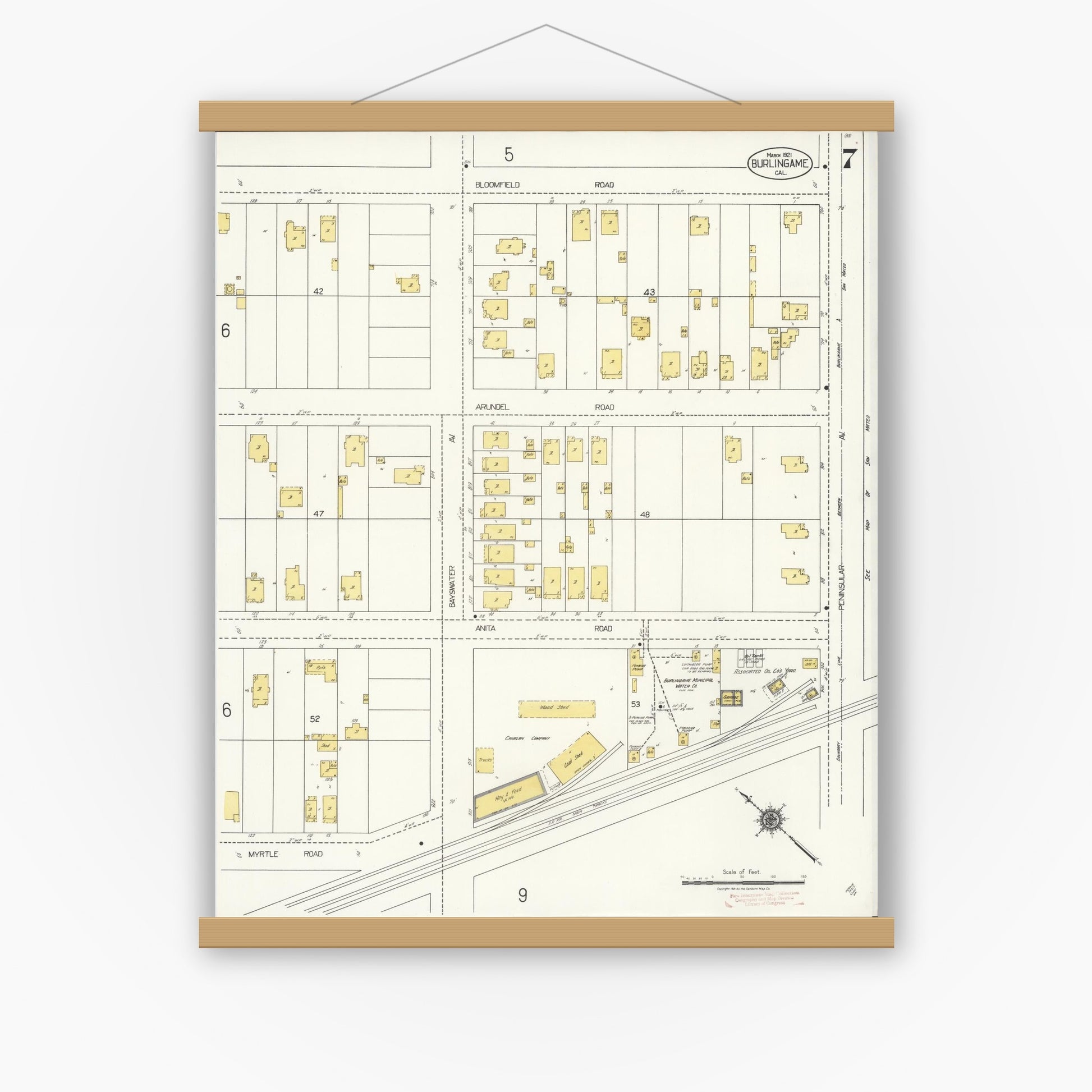 Old map wall art mockup — magnetic wood frame on white wall — Sanborn Fire Insurance Map from Burlingame, San Mateo County, California (1921), Sheet #0007