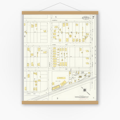 Old map wall art mockup — magnetic wood frame on white wall — Sanborn Fire Insurance Map from Burlingame, San Mateo County, California (1921), Sheet #0007