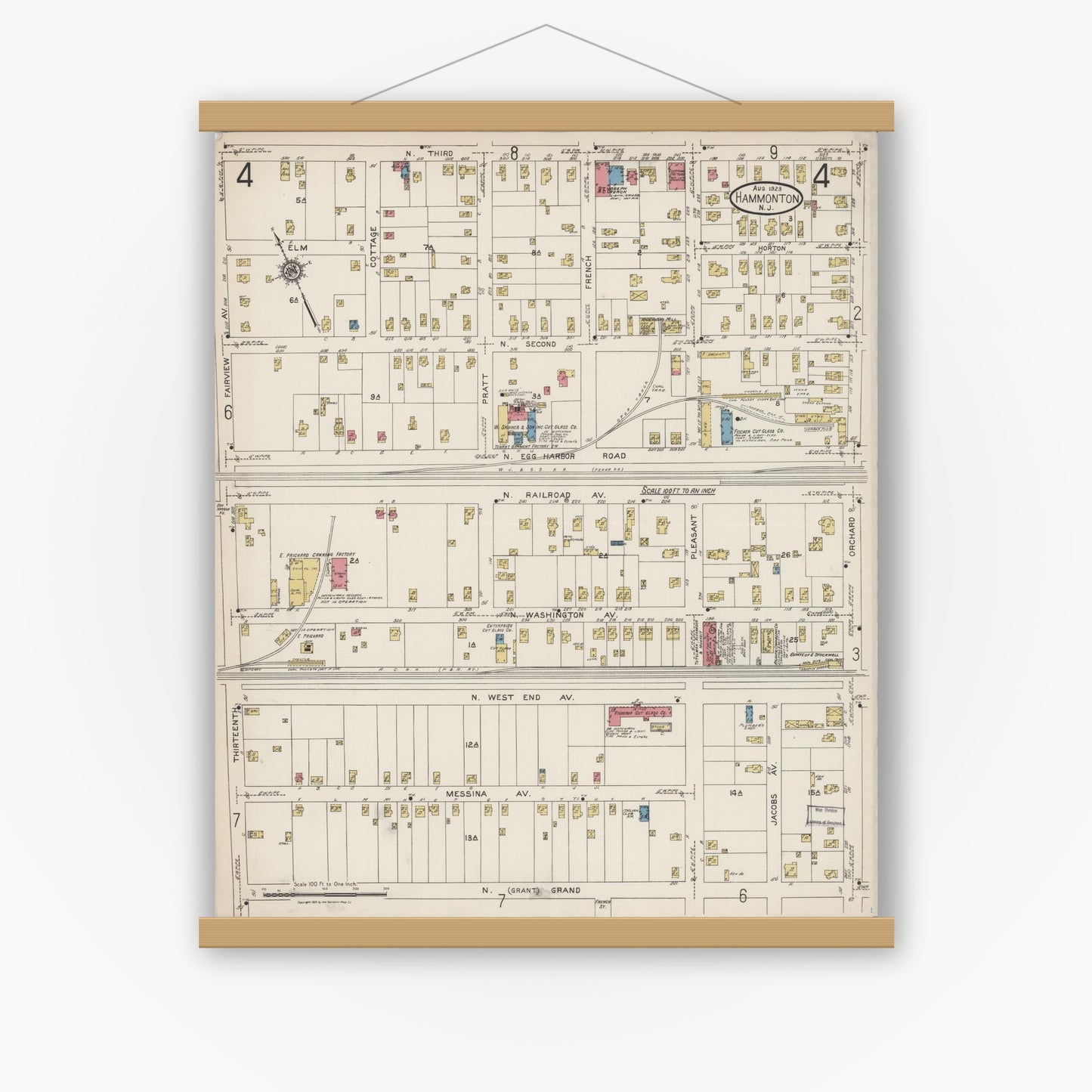 Old map wall art mockup — magnetic wood frame on white wall — Sanborn Fire Insurance Map from Hammonton, Atlantic County, New Jersey (1923), Sheet #0004