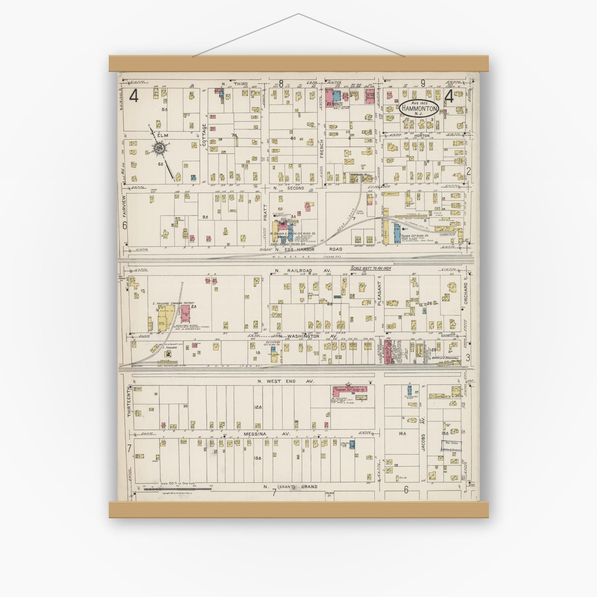 Old map wall art mockup — magnetic wood frame on white wall — Sanborn Fire Insurance Map from Hammonton, Atlantic County, New Jersey (1923), Sheet #0004