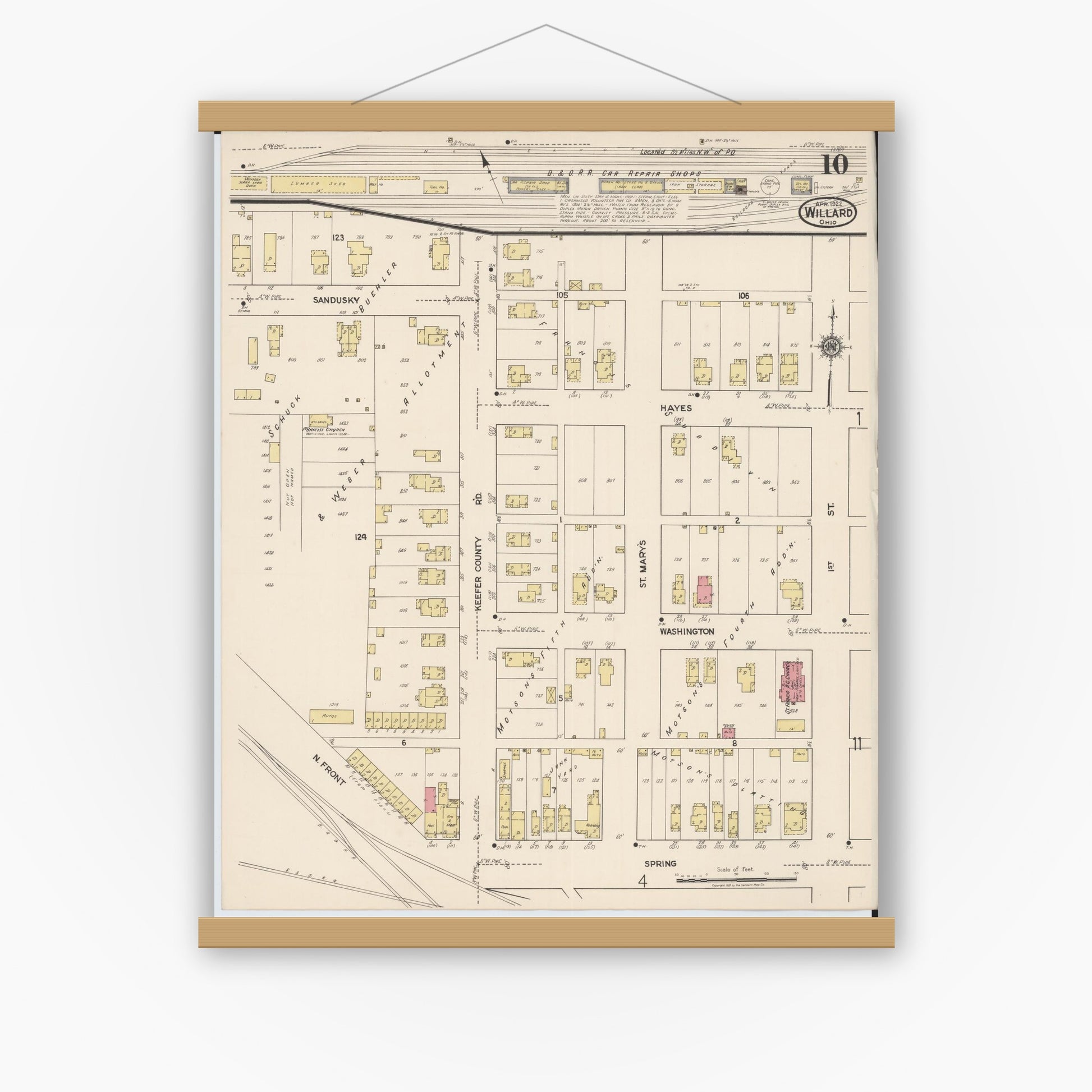 Old map wall art mockup — magnetic wood frame on white wall — Sanborn Fire Insurance Map from Willard, Huron County, Ohio (1922), Sheet #0010