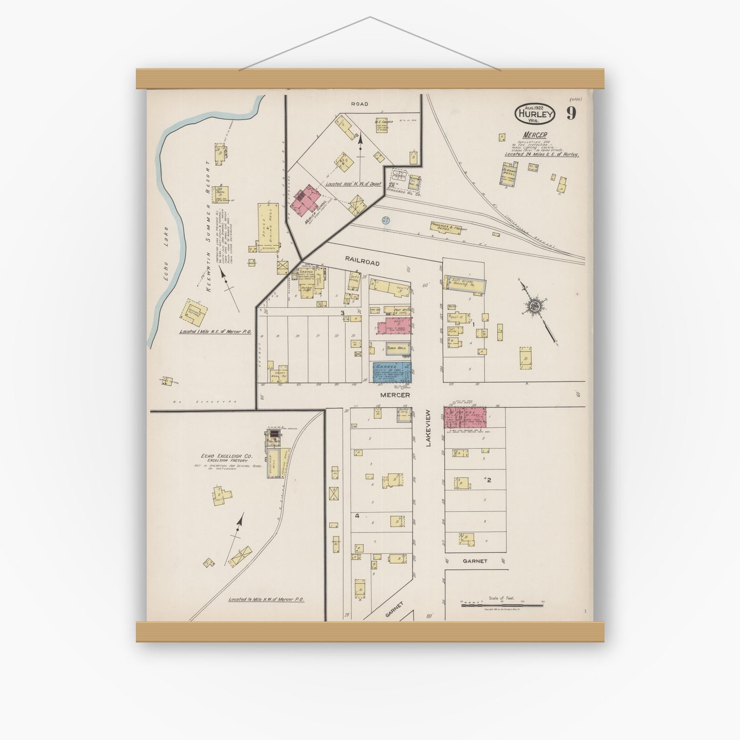 Old map wall art mockup — magnetic wood frame on white wall — Sanborn Fire Insurance Map from Hurley, Iron County, Wisconsin (1922), Sheet #0009