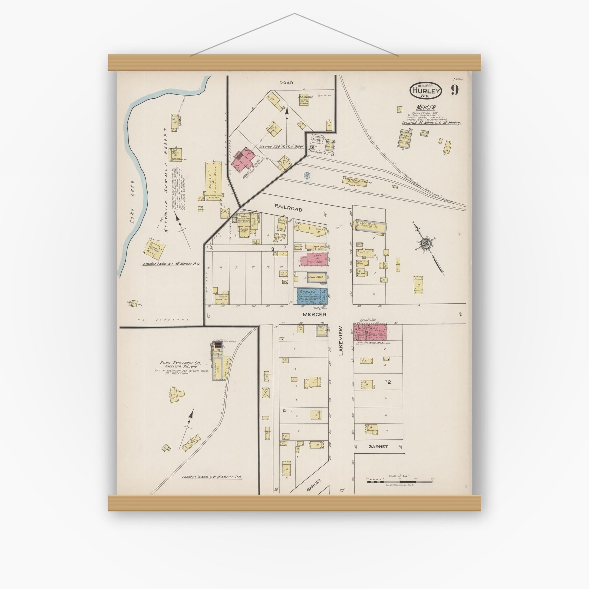 Old map wall art mockup — magnetic wood frame on white wall — Sanborn Fire Insurance Map from Hurley, Iron County, Wisconsin (1922), Sheet #0009