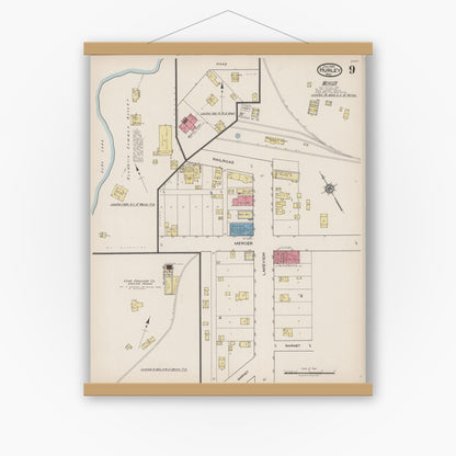 Old map wall art mockup — magnetic wood frame on white wall — Sanborn Fire Insurance Map from Hurley, Iron County, Wisconsin (1922), Sheet #0009