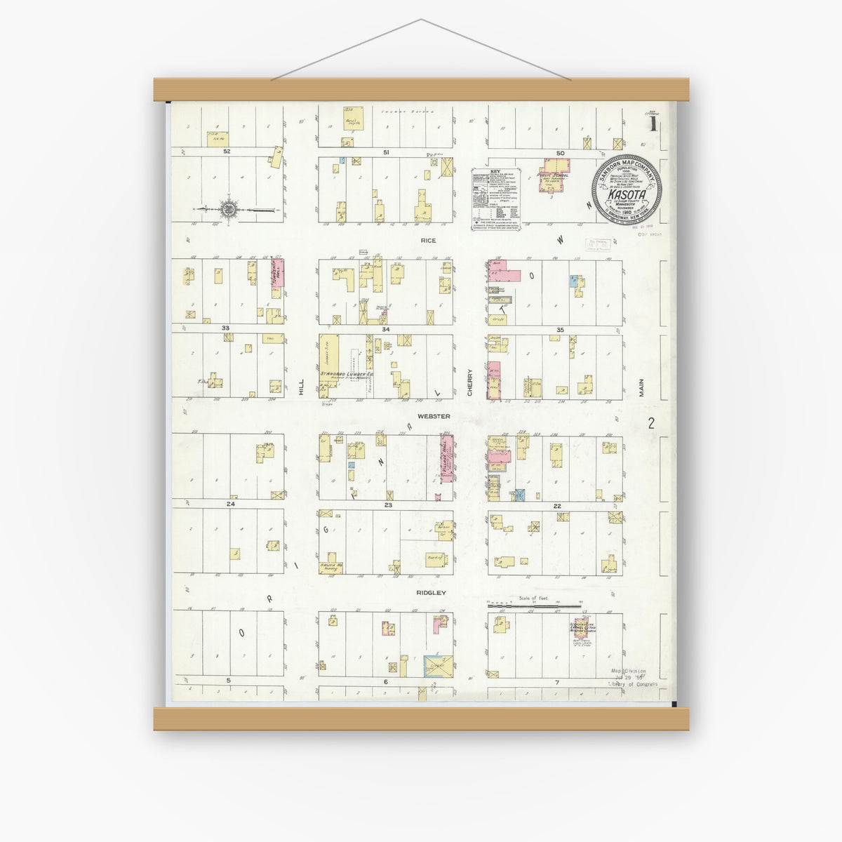 Old map wall art mockup — magnetic wood frame on white wall — Sanborn Fire Insurance Map from Kasota, Le Sueur County, Minnesota (1910) - Complete Map Set
