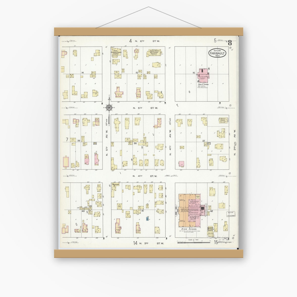 Old map wall art mockup — magnetic wood frame on white wall — Sanborn Fire Insurance Map from Faribault, Rice County, Minnesota (1914), Sheet #0008