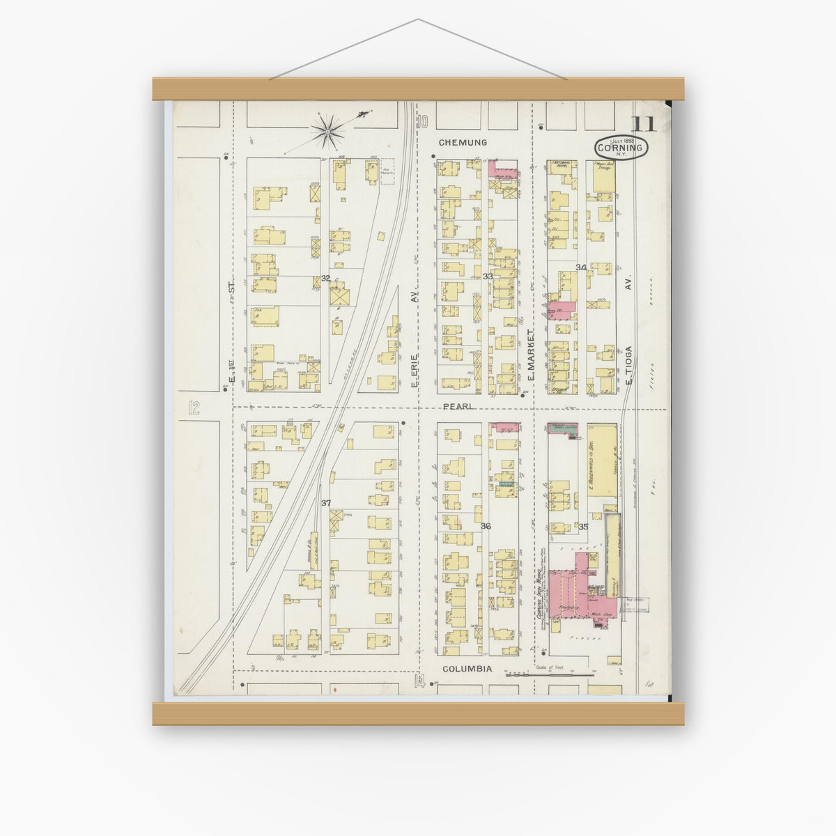 Old map wall art mockup — magnetic wood frame on white wall — Sanborn Fire Insurance Map from Corning, Steuben County, New York (1893), Sheet #0011