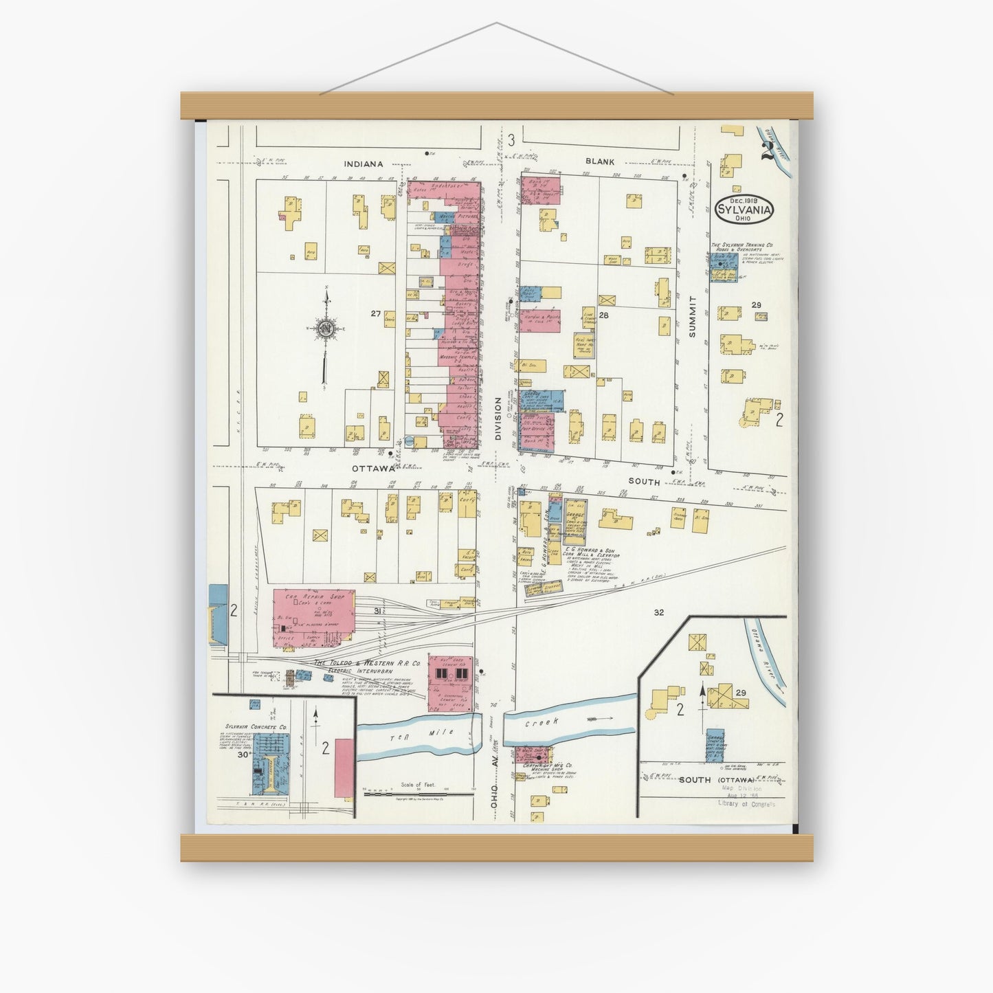 Old map wall art mockup — magnetic wood frame on white wall — Sanborn Fire Insurance Map from Sylvania, Lucas County, Ohio (1919), Sheet #0002