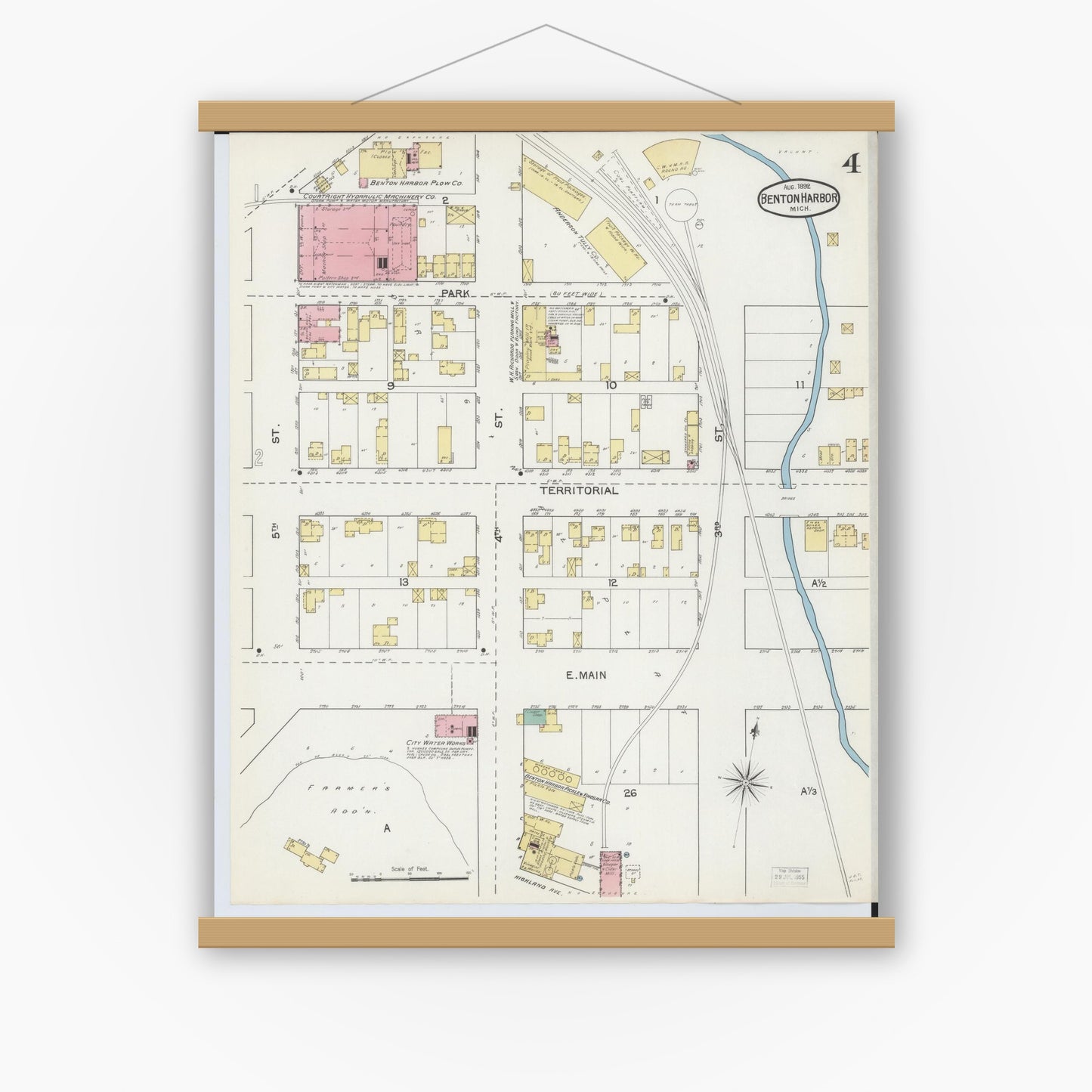 Old map wall art mockup — magnetic wood frame on white wall — Sanborn Fire Insurance Map from Benton Harbor, Berrien County, Michigan (1892), Sheet #0004