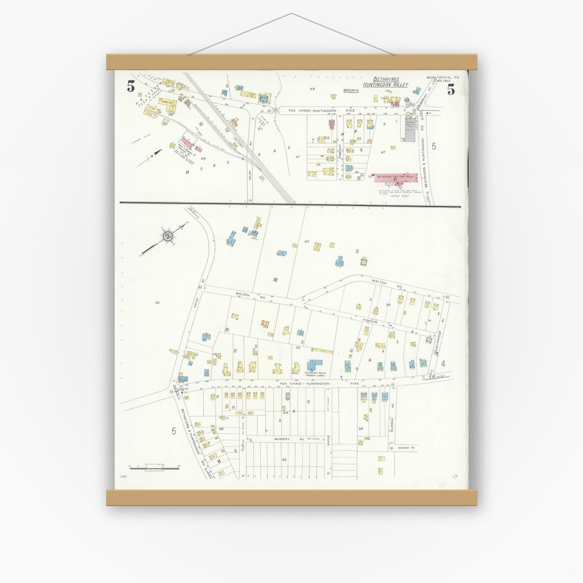 Old map wall art mockup — magnetic wood frame on white wall — Sanborn Fire Insurance Map from Bryn Athyn, Montgomery County, Pennsylvania (1933), Sheet #0005