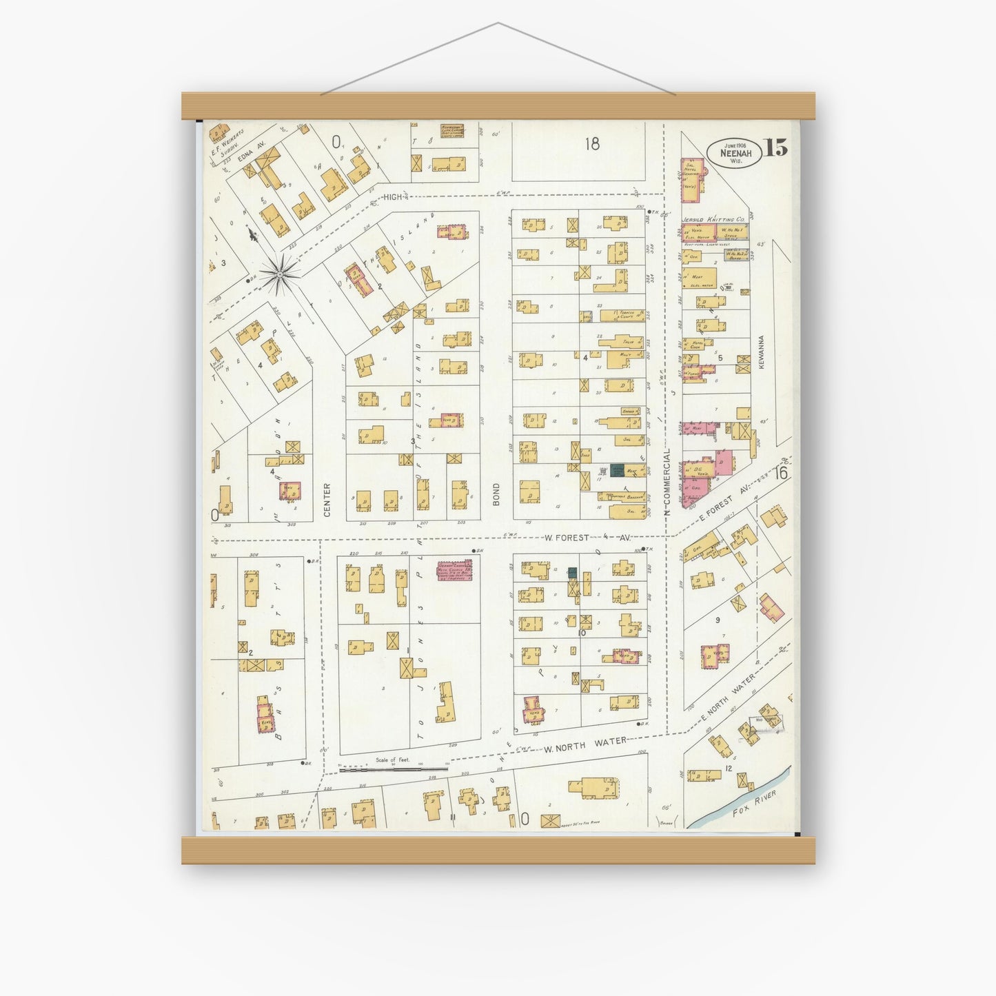 Old map wall art mockup — magnetic wood frame on white wall — Sanborn Fire Insurance Map from Neenah, Winnebago County, Wisconsin (1906), Sheet #0015