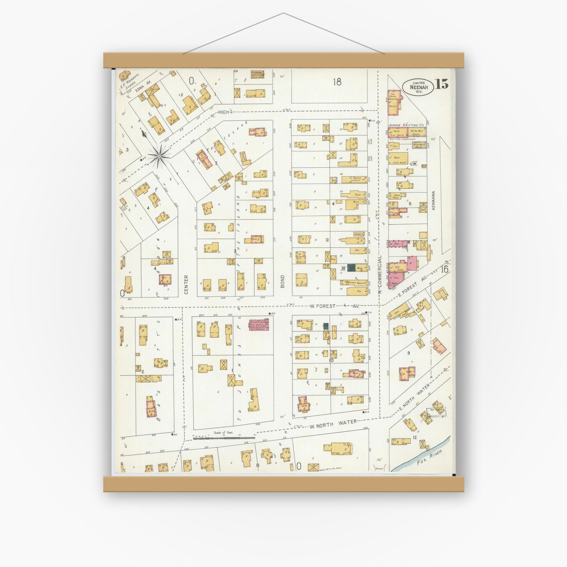 Old map wall art mockup — magnetic wood frame on white wall — Sanborn Fire Insurance Map from Neenah, Winnebago County, Wisconsin (1906), Sheet #0015