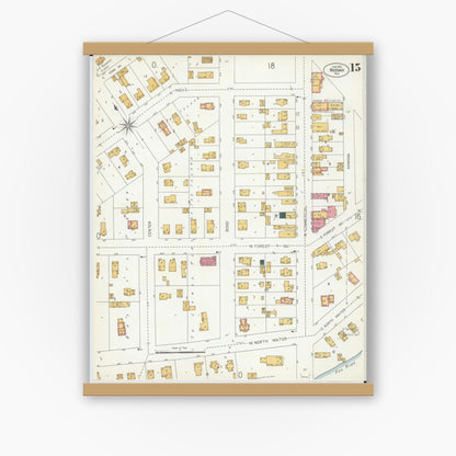 Old map wall art mockup — magnetic wood frame on white wall — Sanborn Fire Insurance Map from Neenah, Winnebago County, Wisconsin (1906), Sheet #0015
