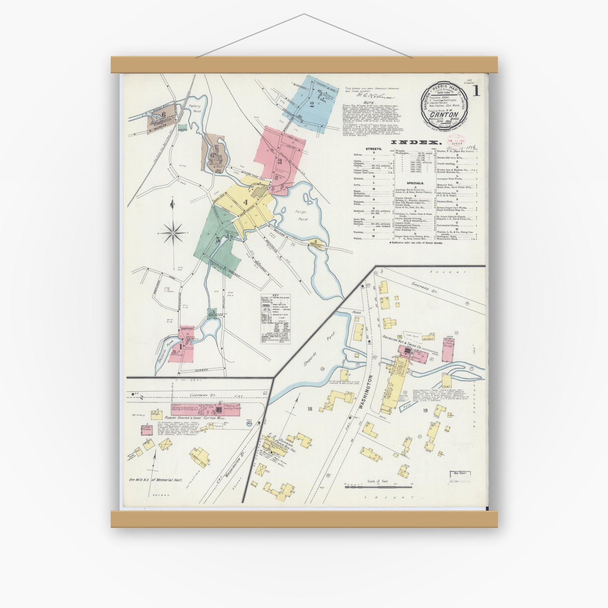 Old map wall art mockup — magnetic wood frame on white wall — Sanborn Fire Insurance Map from Canton, Norfolk County, Massachusetts (1896), Sheet #0001
