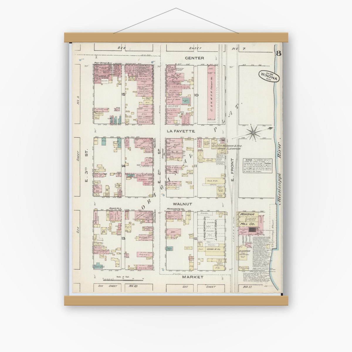 Old map wall art mockup — magnetic wood frame on white wall — Sanborn Fire Insurance Map from Winona, Winona County, Minnesota (1884), Sheet #0008