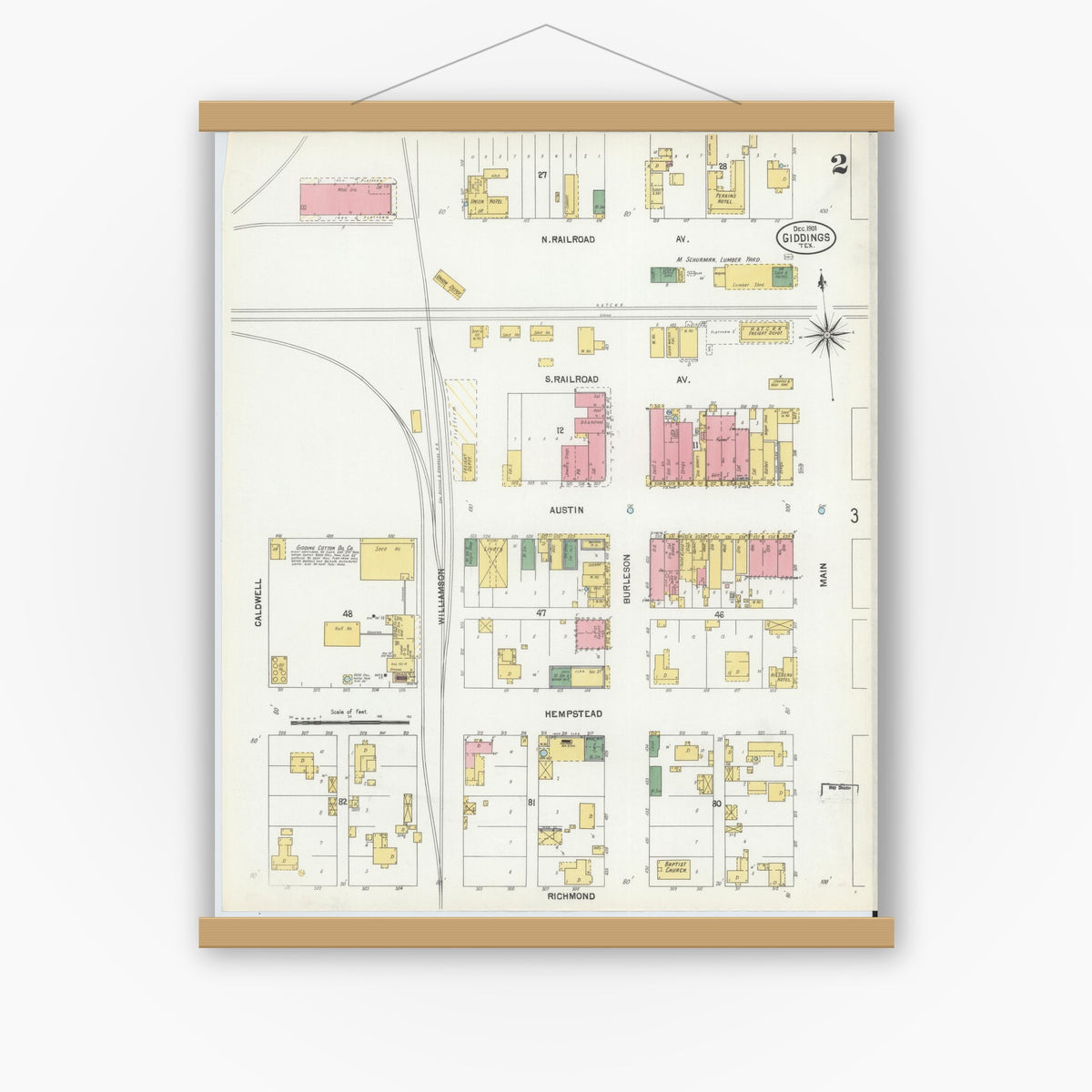Old map wall art mockup — magnetic wood frame on white wall — Sanborn Fire Insurance Map from Giddings, Lee County, Texas (1901), Sheet #0002