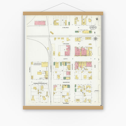 Old map wall art mockup — magnetic wood frame on white wall — Sanborn Fire Insurance Map from Giddings, Lee County, Texas (1901), Sheet #0002
