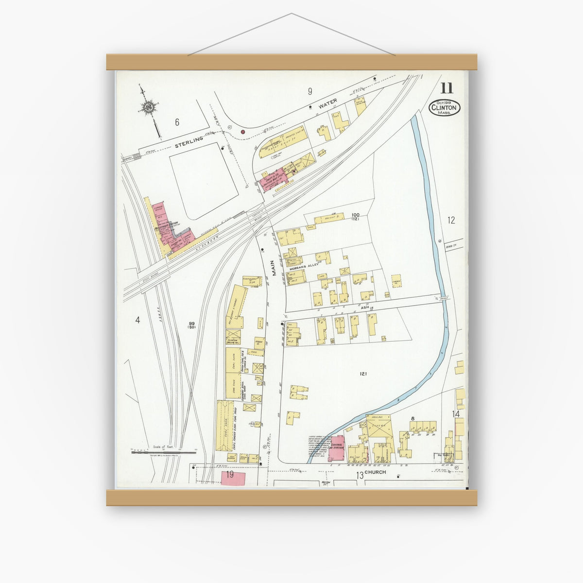 Old map wall art mockup — magnetic wood frame on white wall — Sanborn Fire Insurance Map from Clinton, Worcester County, Massachusetts (1919), Sheet #0011