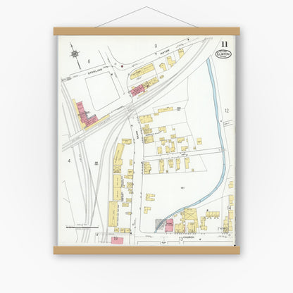 Old map wall art mockup — magnetic wood frame on white wall — Sanborn Fire Insurance Map from Clinton, Worcester County, Massachusetts (1919), Sheet #0011