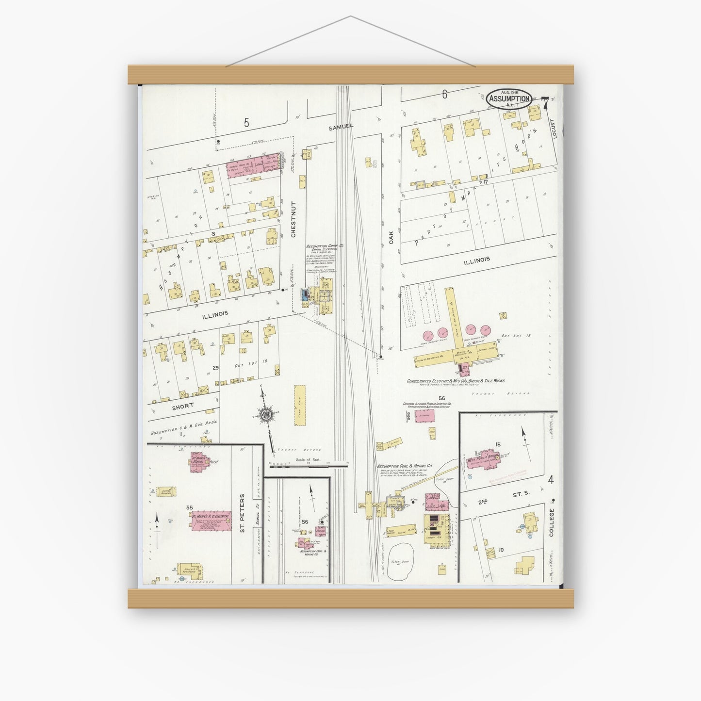 Old map wall art mockup — magnetic wood frame on white wall — Sanborn Fire Insurance Map from Assumption, Christian County, Illinois (1916), Sheet #0007