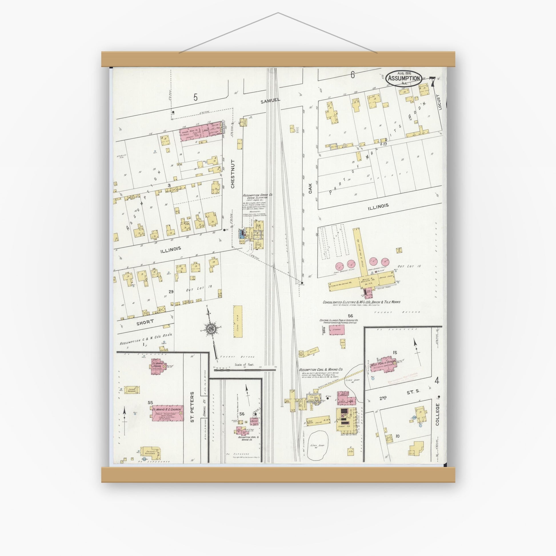 Old map wall art mockup — magnetic wood frame on white wall — Sanborn Fire Insurance Map from Assumption, Christian County, Illinois (1916), Sheet #0007