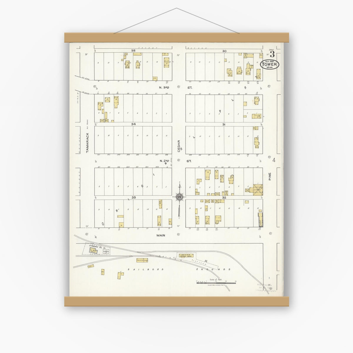 Old map wall art mockup — magnetic wood frame on white wall — Sanborn Fire Insurance Map from Tower, Saint Louis County, Minnesota (1921), Sheet #0003