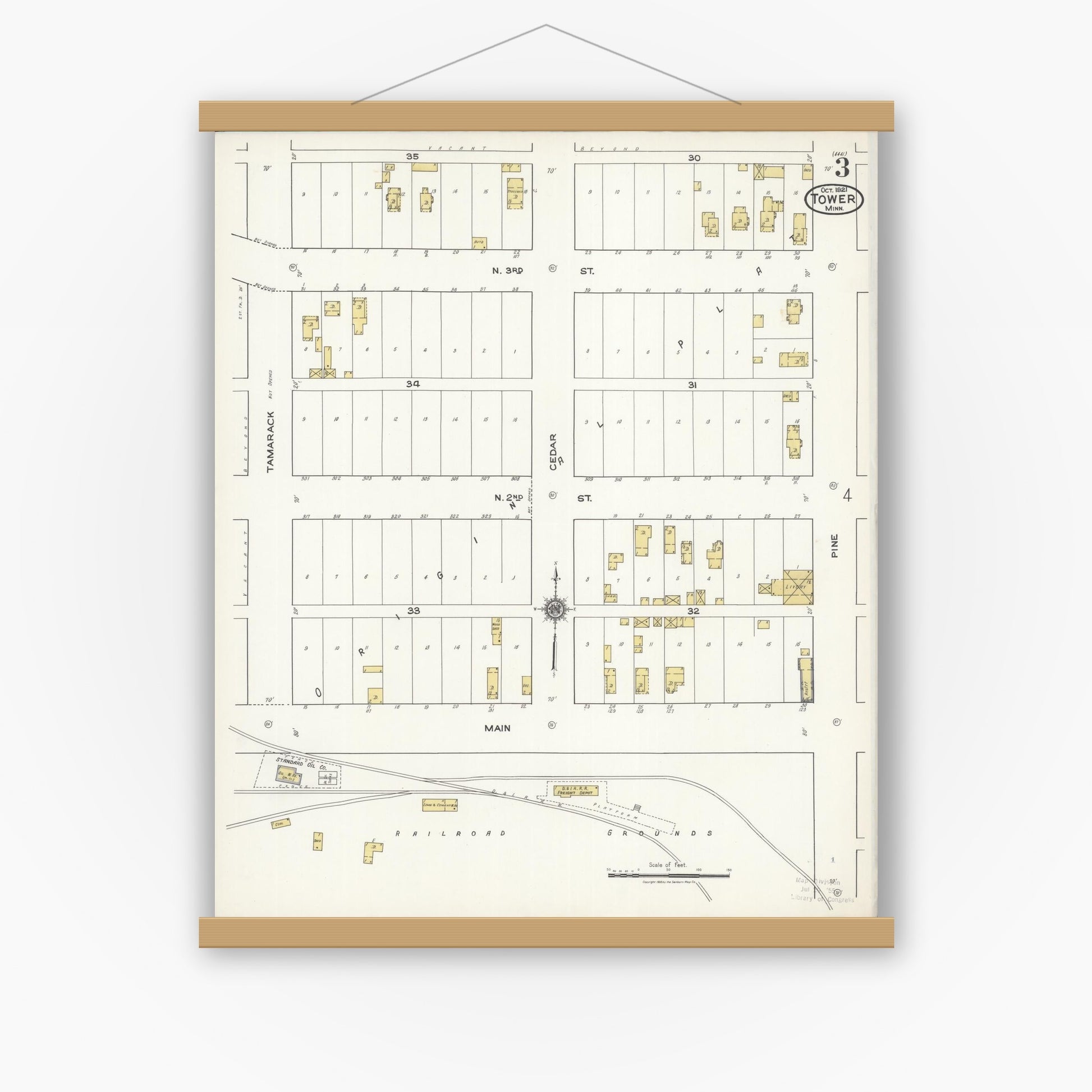 Old map wall art mockup — magnetic wood frame on white wall — Sanborn Fire Insurance Map from Tower, Saint Louis County, Minnesota (1921), Sheet #0003