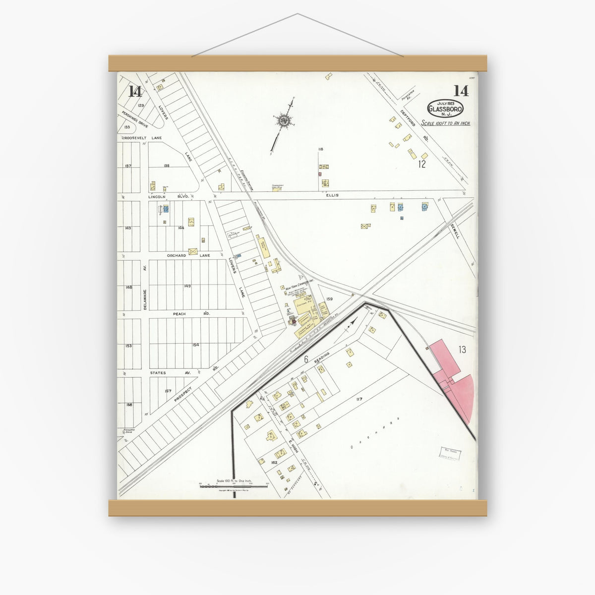 Old map wall art mockup — magnetic wood frame on white wall — Sanborn Fire Insurance Map from Glassboro, Gloucester County, New Jersey (1923), Sheet #0014