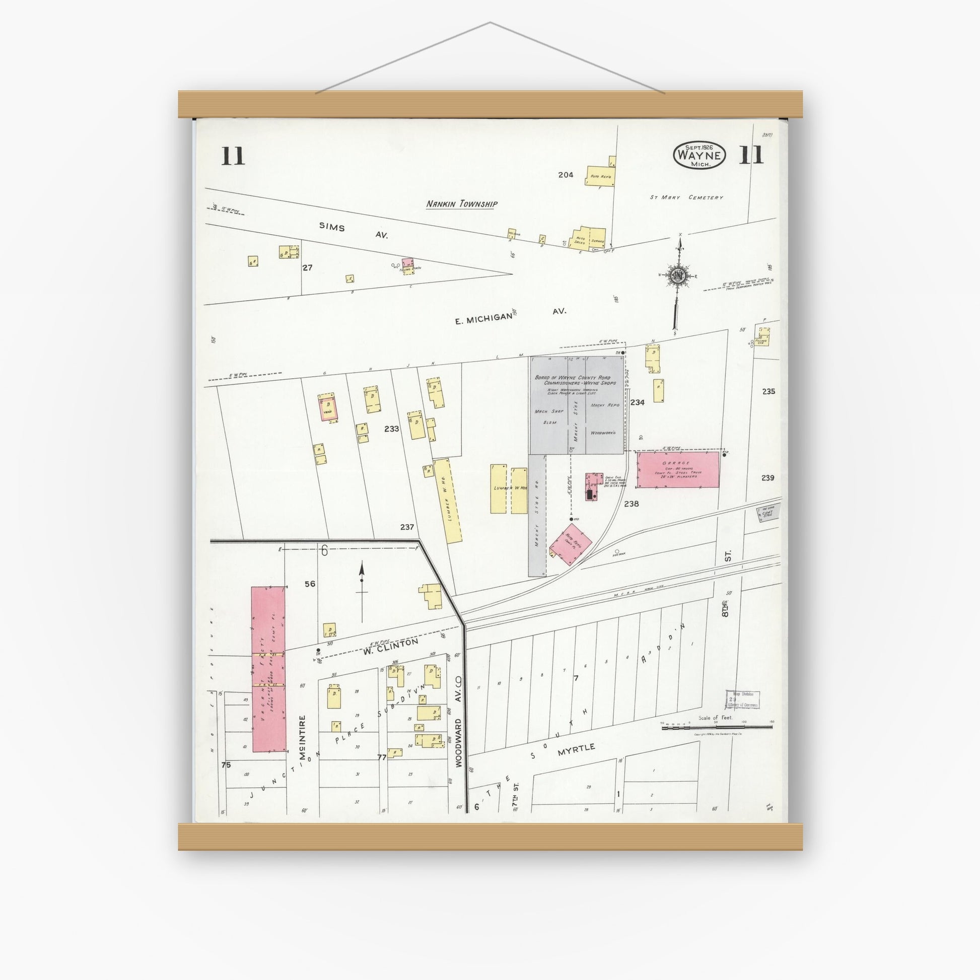 Old map wall art mockup — magnetic wood frame on white wall — Sanborn Fire Insurance Map from Wayne, Wayne County, Michigan (1926), Sheet #0011