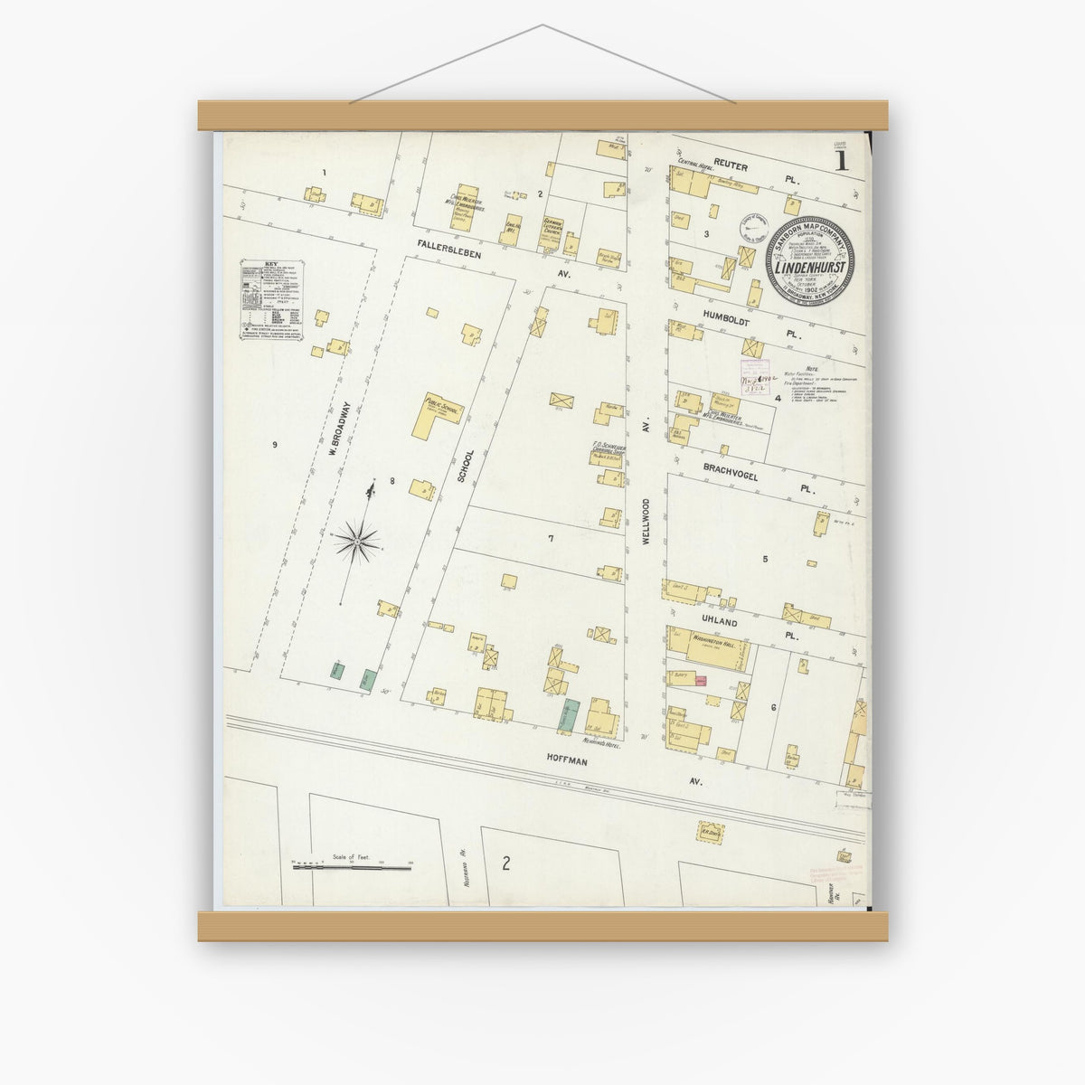 Old map wall art mockup — magnetic wood frame on white wall — Sanborn Fire Insurance Map from Lindenhurst, Suffolk County, New York (1902), Sheet #0001