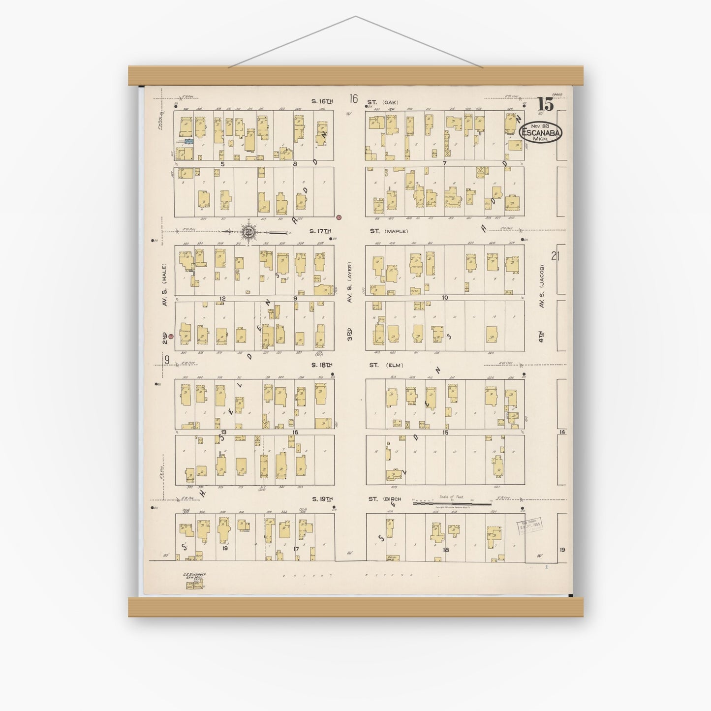 Old map wall art mockup — magnetic wood frame on white wall — Sanborn Fire Insurance Map from Escanaba, Delta County, Michigan (1921), Sheet #0015