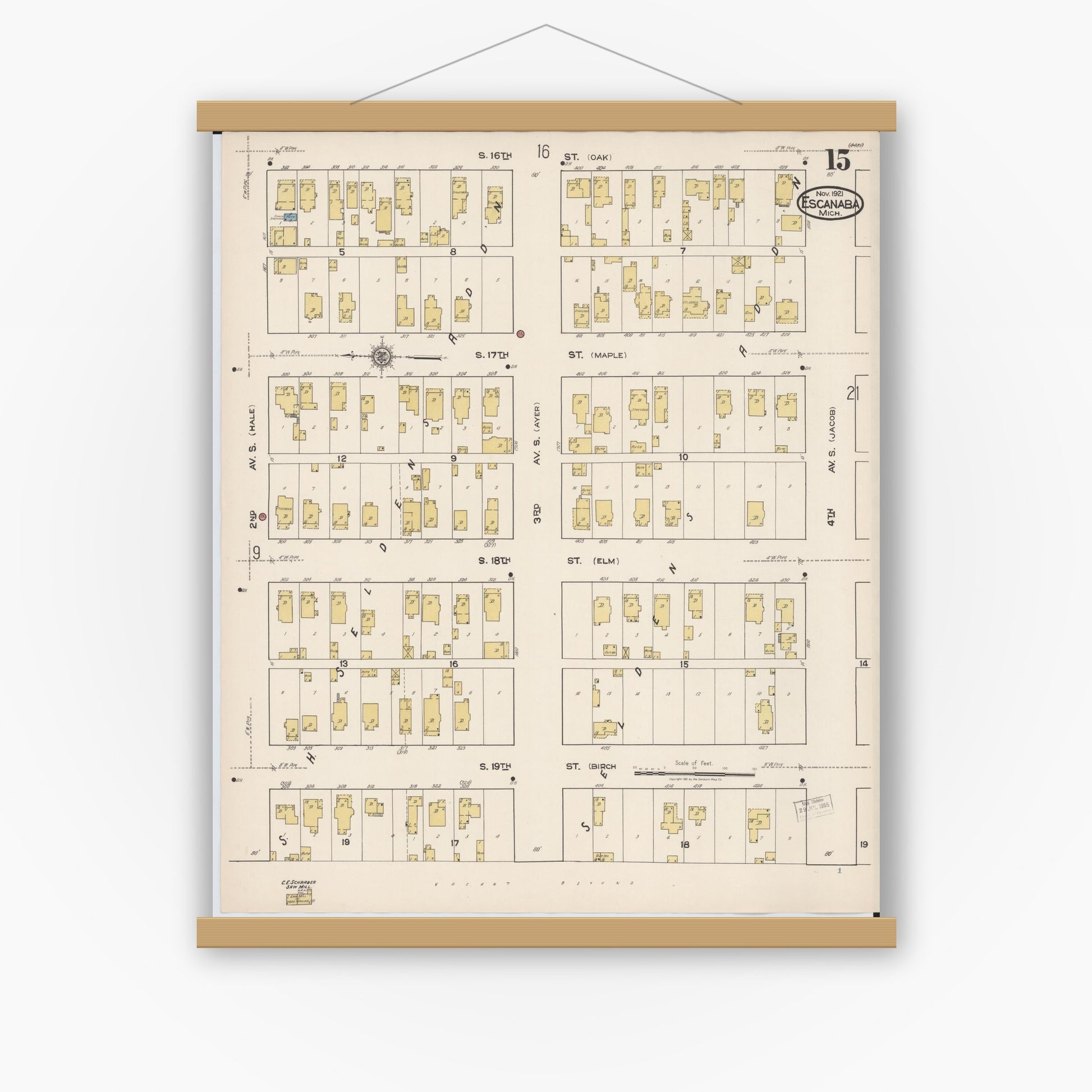 Old map wall art mockup — magnetic wood frame on white wall — Sanborn Fire Insurance Map from Escanaba, Delta County, Michigan (1921), Sheet #0015
